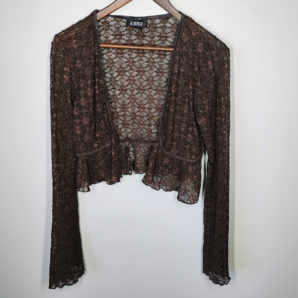 Vintage A Byer Y2K Cardigan Cover Up Womens Medium Brown Lace Fairycore‎